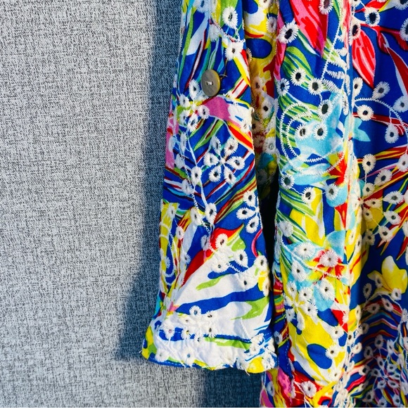 John Mark XL Multicolor Floral Embroidered Eyelet Roll Tab Sleeve Button Down - Picture 4 of 8